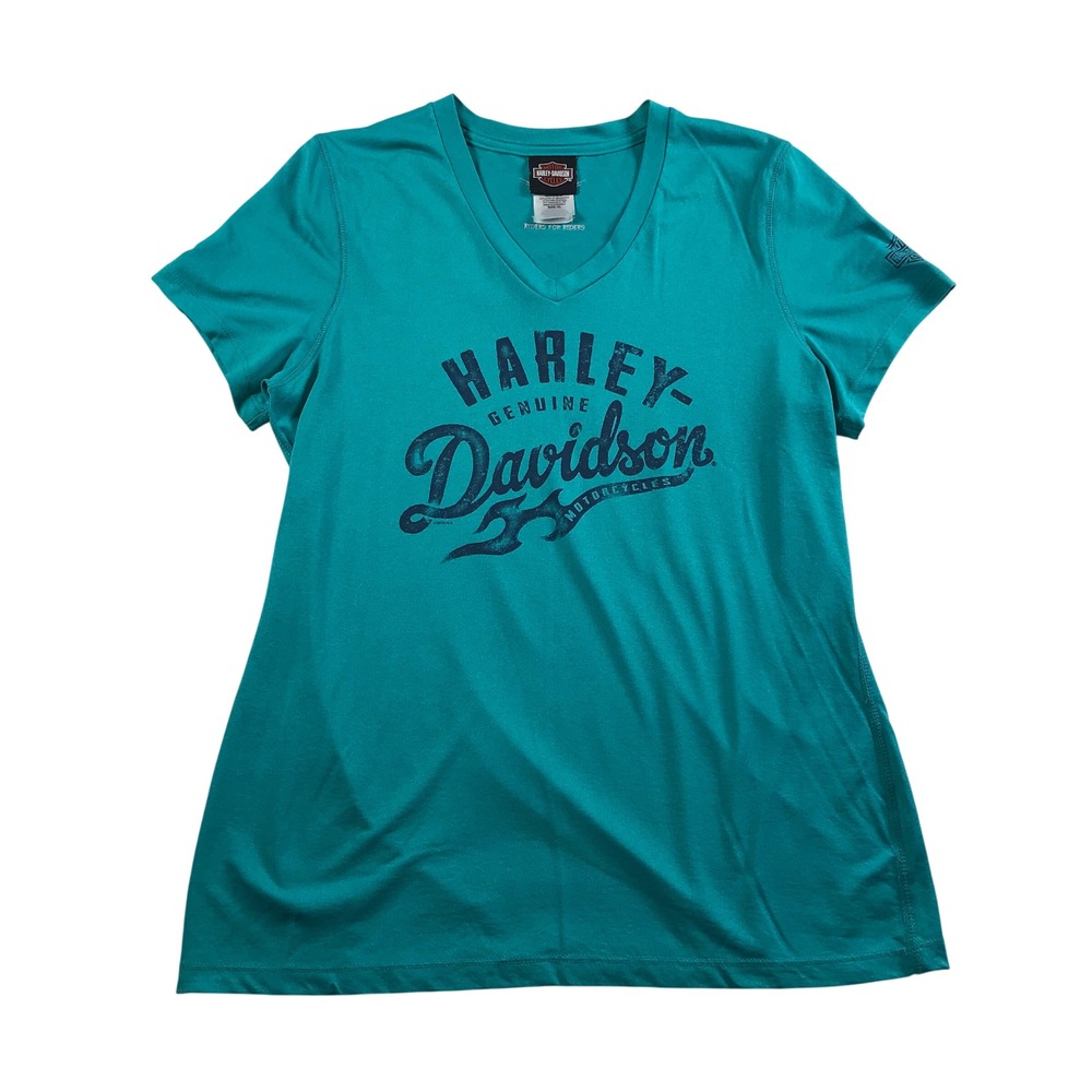 Harley-Davidson Women Teal V-Neck Graphic T-Shirt XL Patriot Fairfax VA Eagle